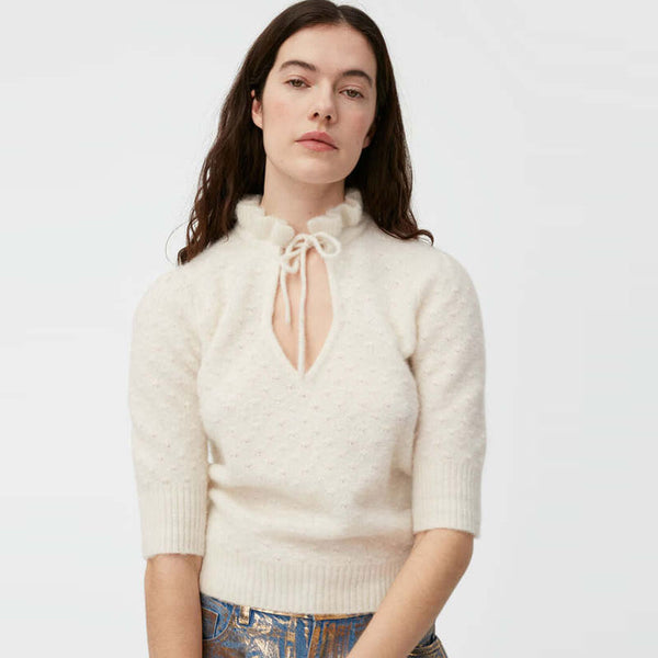 Feminine Ruffled Trim Cutout Front Puff Sleeve Pointelle White Knit Sweater