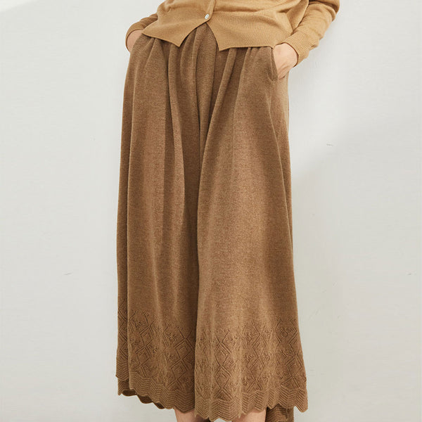 Feminine Scalloped Detail Camel Wool Blend Pointelle Knit Midi Skirt