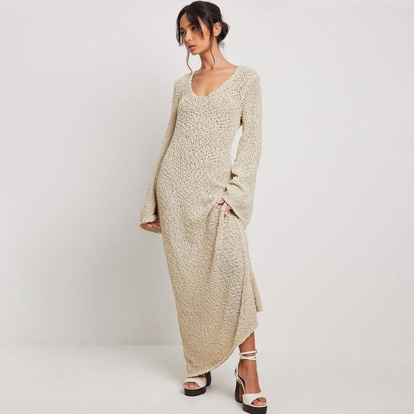 Feminine Scoop Neck Bell Sleeve Beige Boucle Knit Maxi Sweater Dress