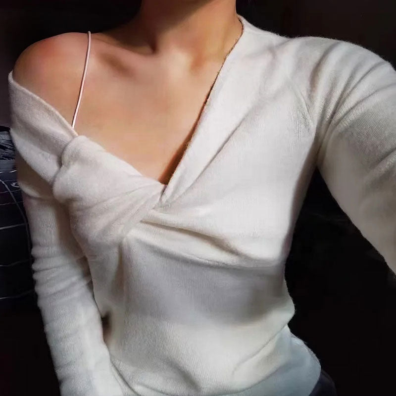 Feminine Twisted Front One Shoulder Long Sleeve White Knit Top