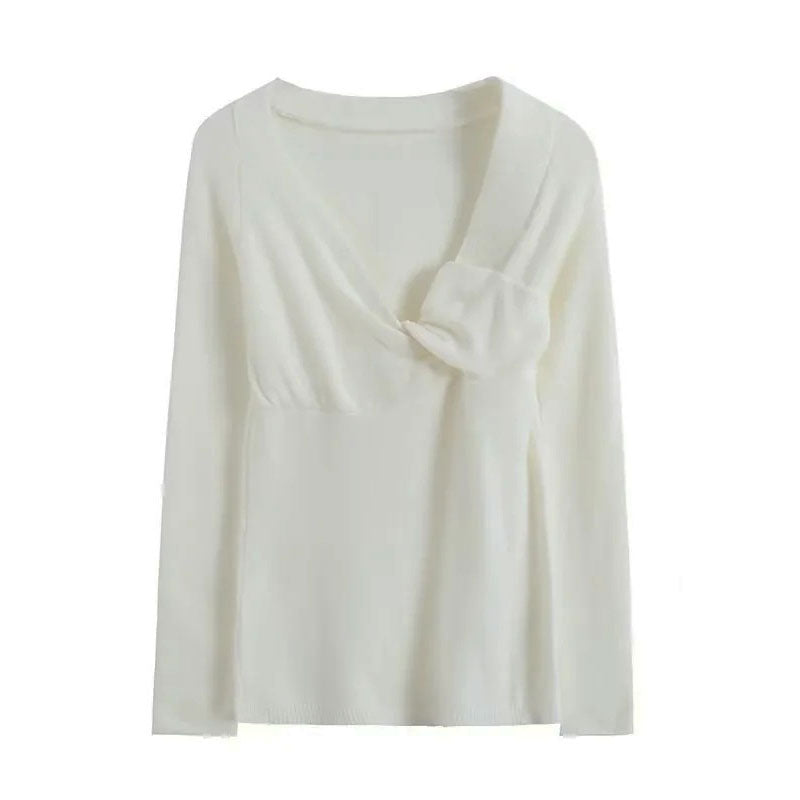 Feminine Twisted Front One Shoulder Long Sleeve White Knit Top