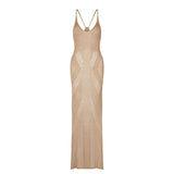 Feminine V Neck Open Back Side Slit Pointelle Knit Cami Cover Up Midi Dress
