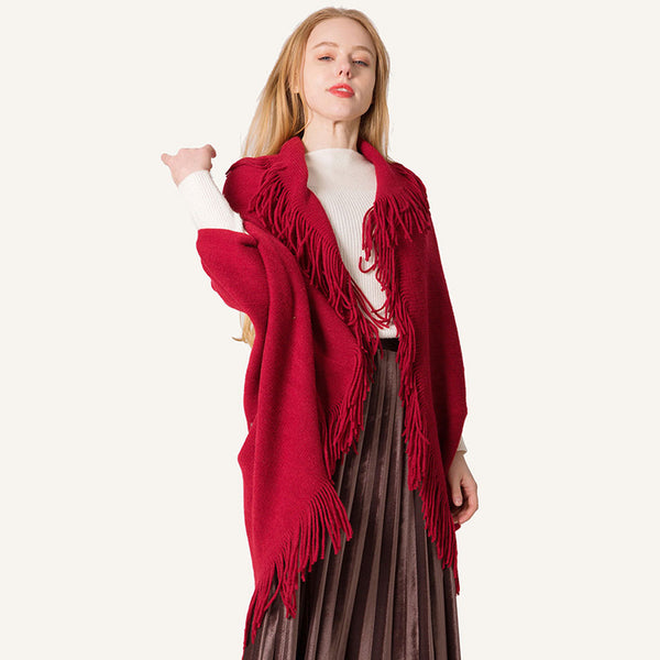 Festival Red Fringe Shawl Neck Open Front Oversized Cocoon Cardigan