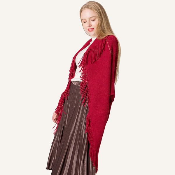 Festival Red Fringe Shawl Neck Open Front Oversized Cocoon Cardigan