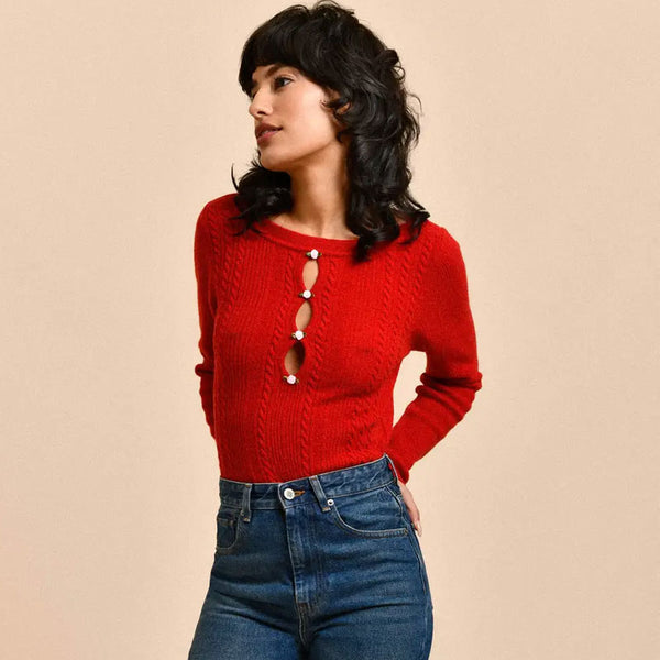 Flattering Floral Embellished Cutout Crew Neck Red Cable Rib Knit Fitted Sweater