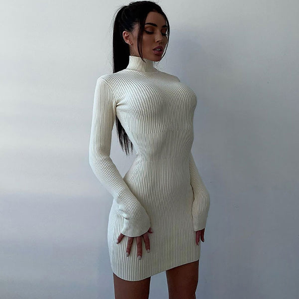 Flattering High Neck Long Sleeve Bodycon Mini Rib White Knit Sweater Dress