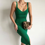 Flattering V Neck Sleeveless Slit Side Bodycon Green Ribbed Knit Dress