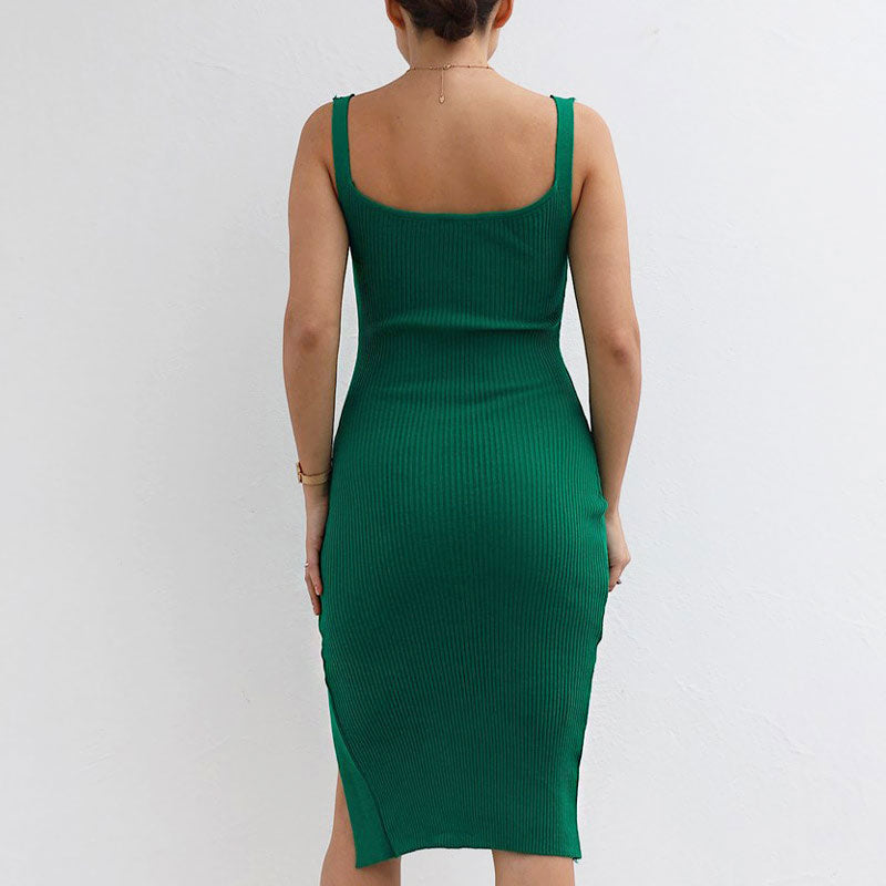 Flattering V Neck Sleeveless Slit Side Bodycon Green Ribbed Knit Dress
