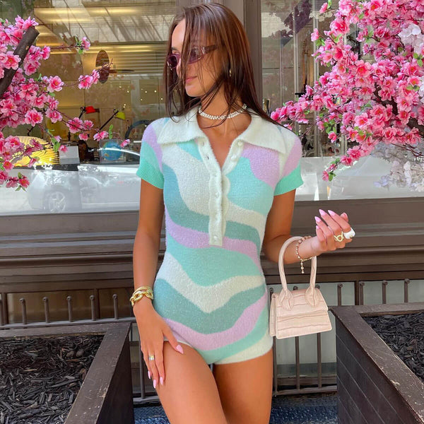 Fluffy Abstract Print Collared Button Down Eyelash Knit Romper