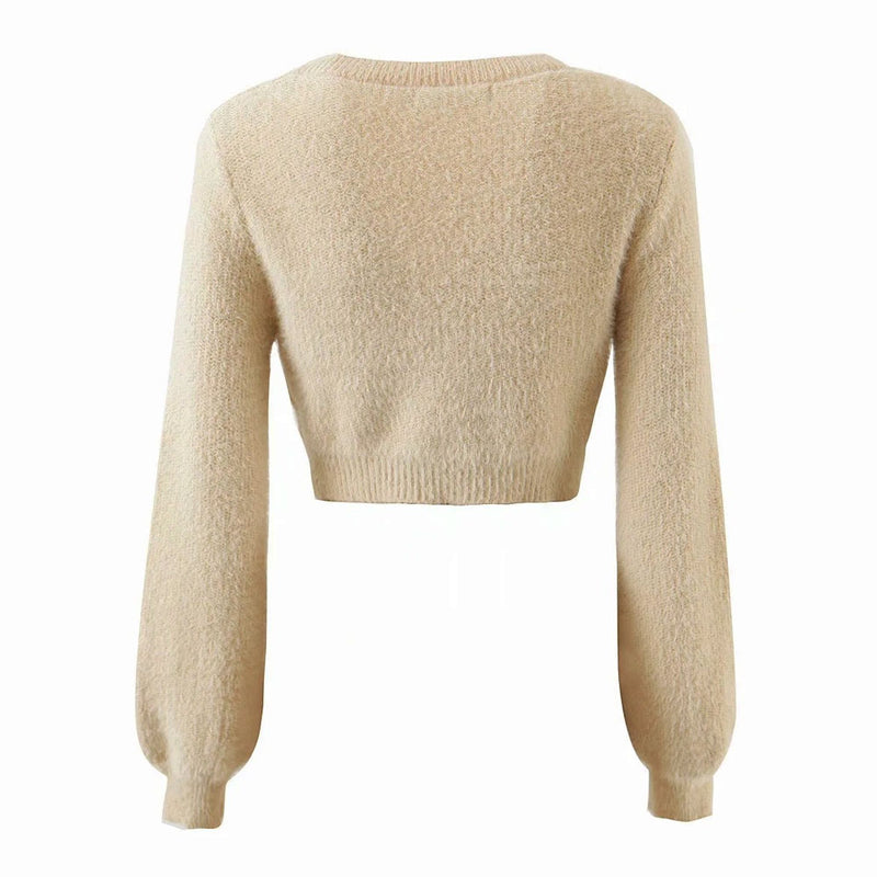 Fluffy Button Front Long Sleeve Khaki Eyelash Knit Cropped Cardigan