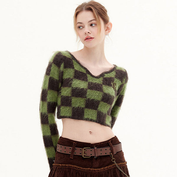Fluffy Checkered Print V Neck Long Sleeve Eyelash Knit Crop Sweater