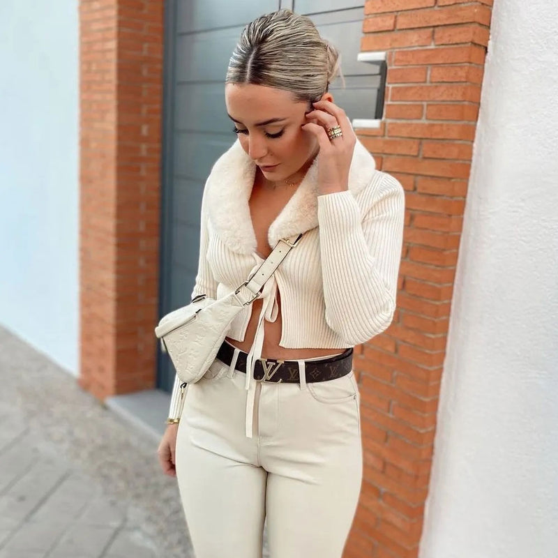 Fluffy Faux Fur Collar Tie Front Cropped Beige Rib Knit Cardigan