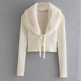 Fluffy Faux Fur Collar Tie Front Cropped Beige Rib Knit Cardigan