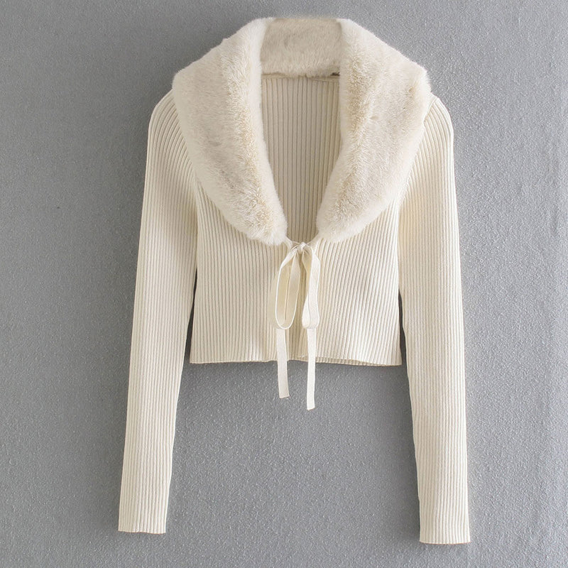 Fluffy Faux Fur Collar Tie Front Cropped Beige Rib Knit Cardigan