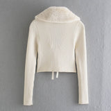 Fluffy Faux Fur Collar Tie Front Cropped Beige Rib Knit Cardigan