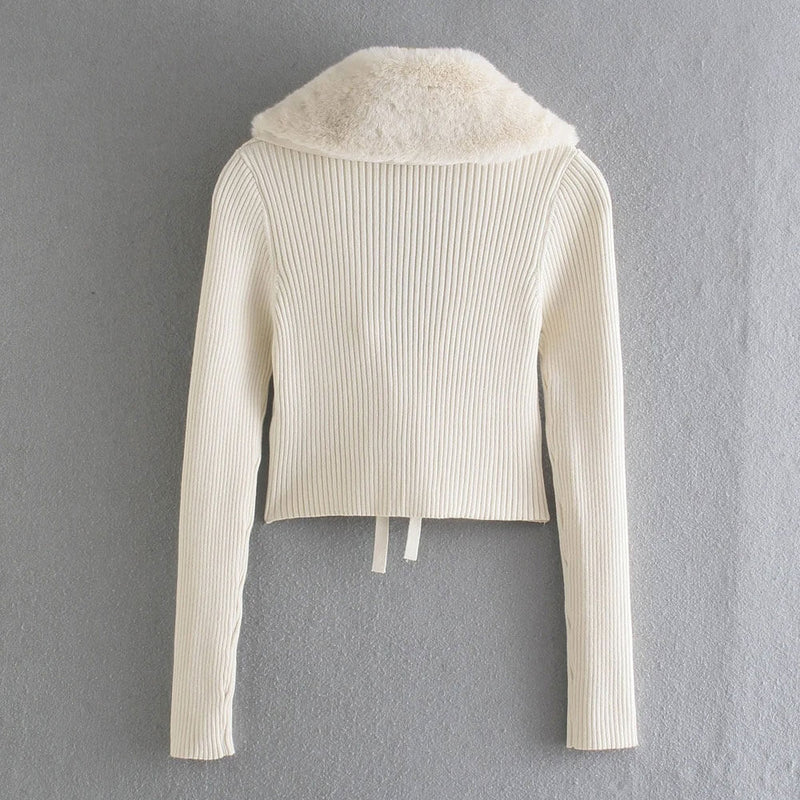 Fluffy Faux Fur Collar Tie Front Cropped Beige Rib Knit Cardigan