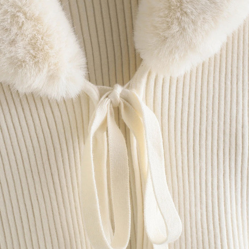 Fluffy Faux Fur Collar Tie Front Cropped Beige Rib Knit Cardigan