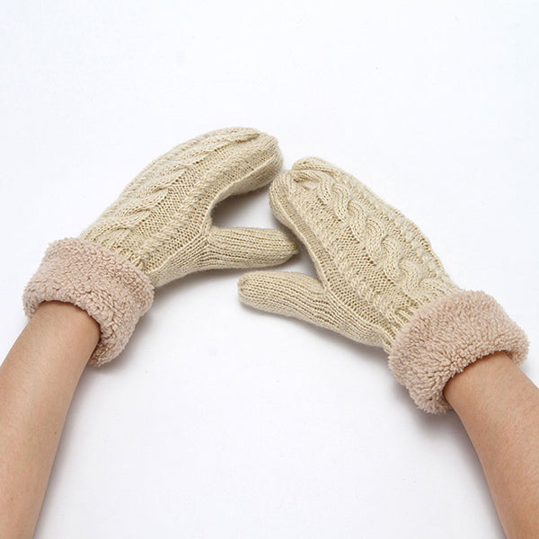 Fluffy Fleece Lined Solid Color Chunky Cable Knit Mittens