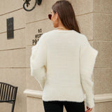Fluffy Pearl Button Puff Sleeve V Neck White Mohair Eyelash Knit Cardigan