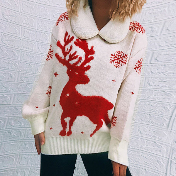 Fluffy Reindeer Snowflake Pattern Collared Christmas Sweater
