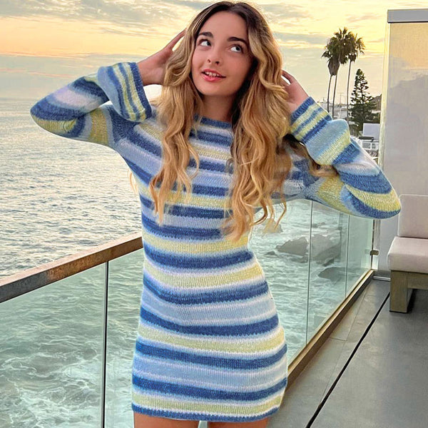 Fresh Blue Striped Print Open Back Long Sleeve Bodycon Mini Knit Dress