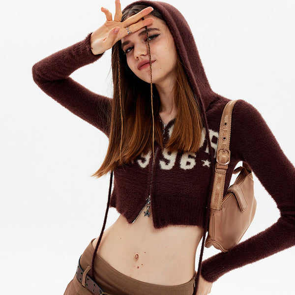 Fuzzy Mohair Lettering Double Zip Hooded Fitted Crop Cardigan