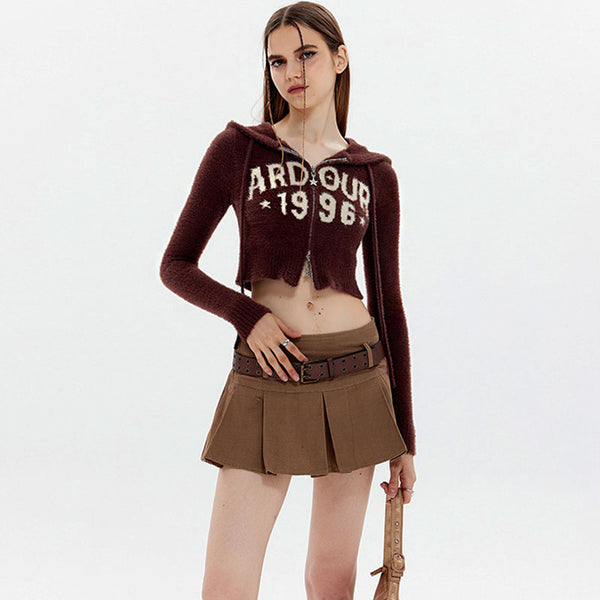 Fuzzy Mohair Lettering Double Zip Hooded Fitted Crop Cardigan