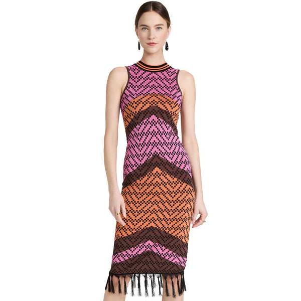 Geometric Pink Chevron Jacquard Knit Fringe Detail Sleeveless Midi Fitted Dress