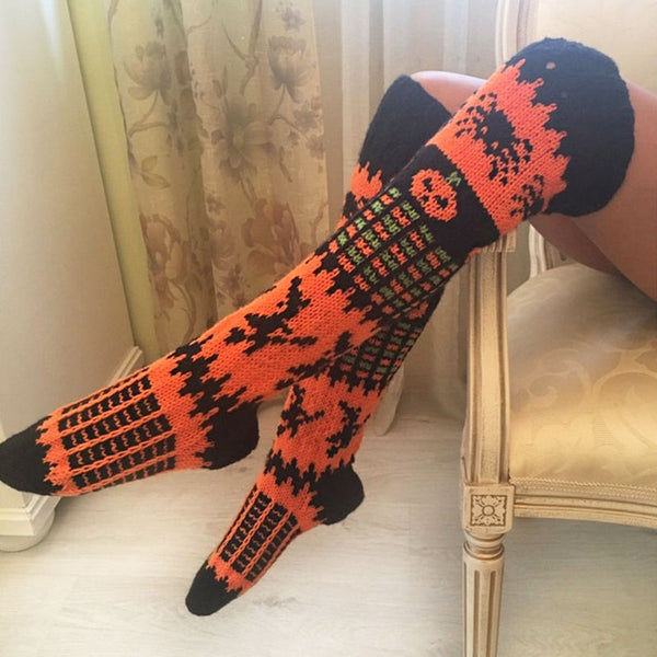 Halloween Pumpkin Face Thigh High Orange Contrast Knit Socks