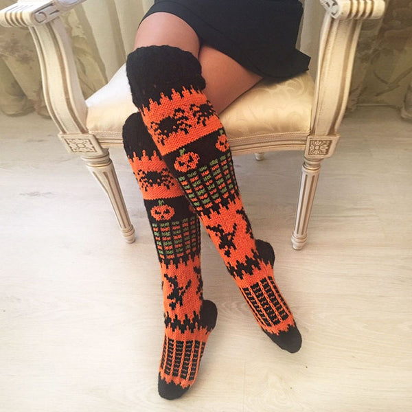 Halloween Pumpkin Face Thigh High Orange Contrast Knit Socks