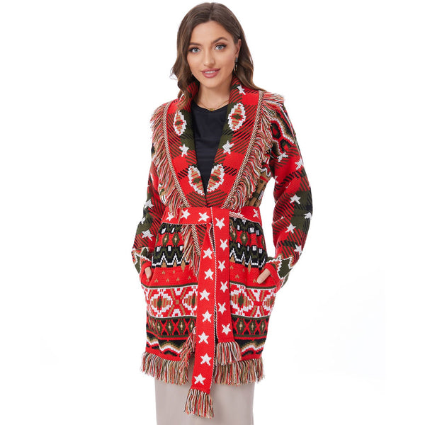 Holiday Red Fair Isle Jacquard Knit Tassel Tie Front Wool Blend Long Cardigan