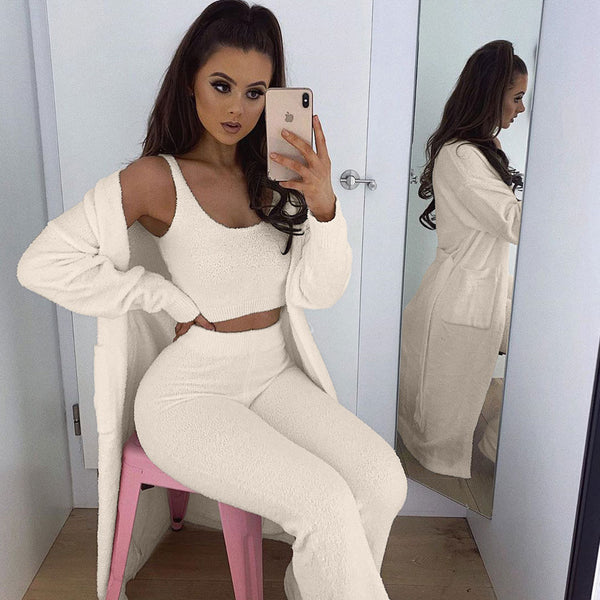 Leisure Fluffy Knit Cropped Tank Top and High Waist Pants Matching Set