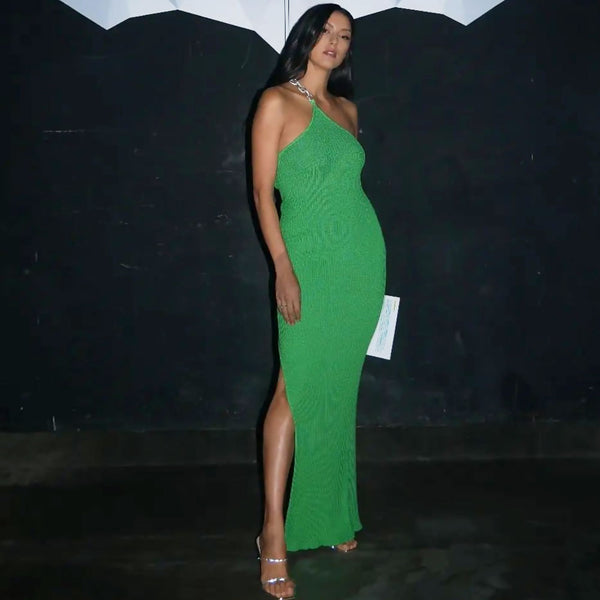 Metal Chain Detail One Shoulder Sleeveless Side Slit Rib Knit Green Maxi Dress