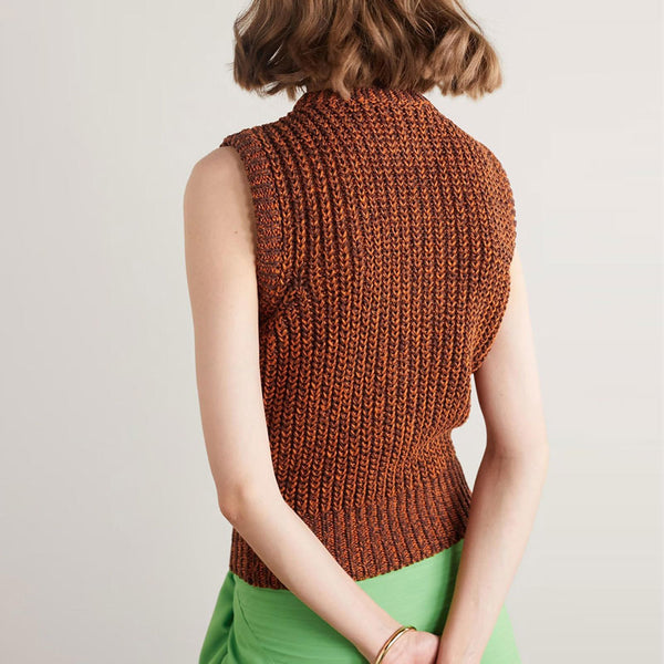 Metal Chain Ripped Detail Crew Neck Brown Marled Ribbed Knit Sweater Vest