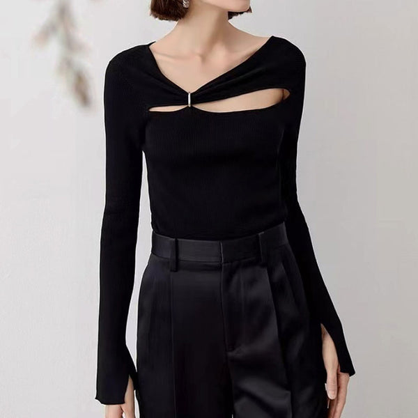 Metallic Ring Detail Split Cuff Cutout Front Rib Knit Fitted Top