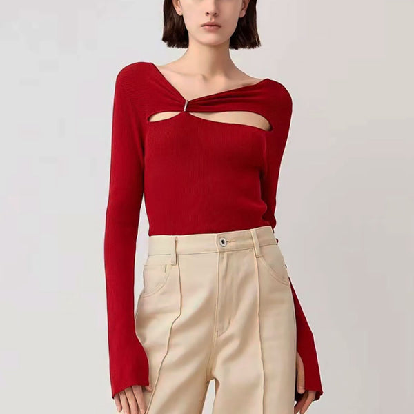Metallic Ring Detail Split Cuff Cutout Front Rib Knit Fitted Top