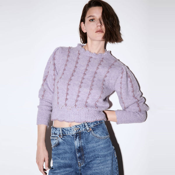 Metallic Thread Crew Neck Scalloped Hem Puff Sleeve Cropped Purple Knit Sweater