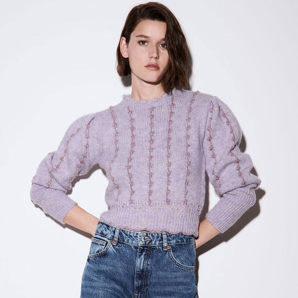 Metallic Thread Crew Neck Scalloped Hem Puff Sleeve Cropped Purple Knit Sweater