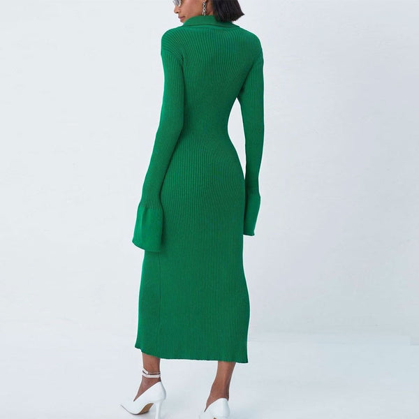 Minimalist Button Front Long Sleeve Collared Bodycon Green Midi Rib Knit Dress