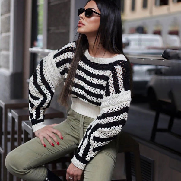 Modern Stripe Open Knit Puff Sleeve Cropped Black and White Striped Sweater