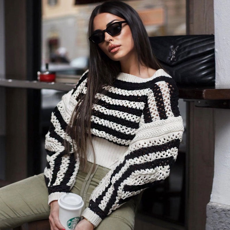 Modern Stripe Open Knit Puff Sleeve Cropped Black and White Striped Sweater