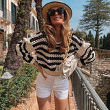 Modern Stripe Open Knit Puff Sleeve Cropped Black and White Striped Sweater