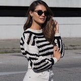 Modern Stripe Open Knit Puff Sleeve Cropped Black and White Striped Sweater