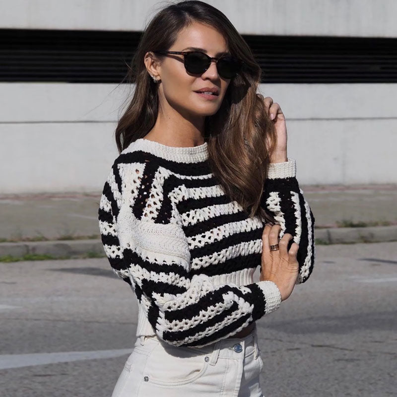 Modern Stripe Open Knit Puff Sleeve Cropped Black and White Striped Sweater