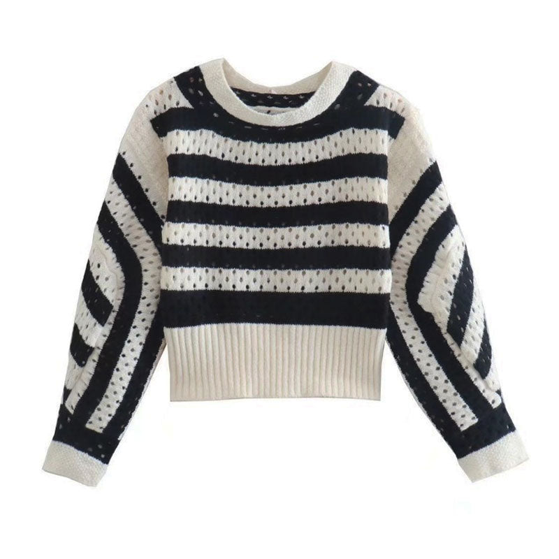 Modern Stripe Open Knit Puff Sleeve Cropped Black and White Striped Sweater