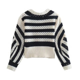 Modern Stripe Open Knit Puff Sleeve Cropped Black and White Striped Sweater
