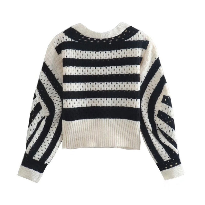 Modern Stripe Open Knit Puff Sleeve Cropped Black and White Striped Sweater