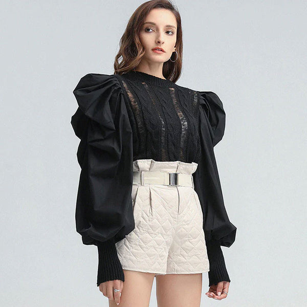 Modern Paneled Puff Sleeve Distressed Cable Knit Sweater