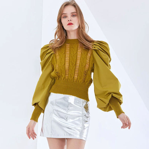 Modern Paneled Puff Sleeve Distressed Cable Knit Sweater