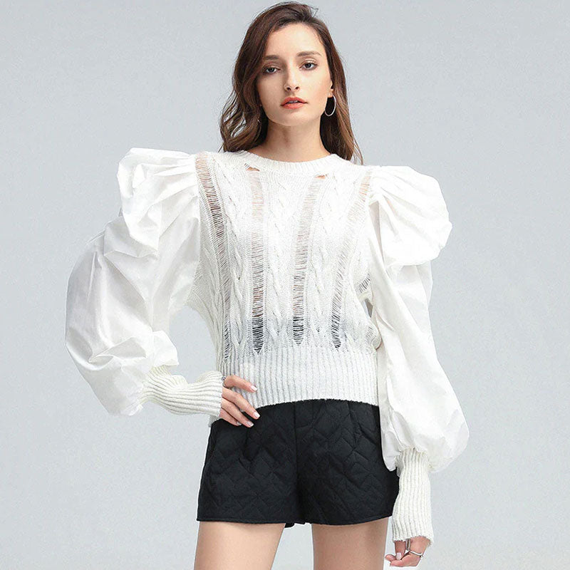 Modern Paneled Puff Sleeve Distressed Cable Knit Sweater
